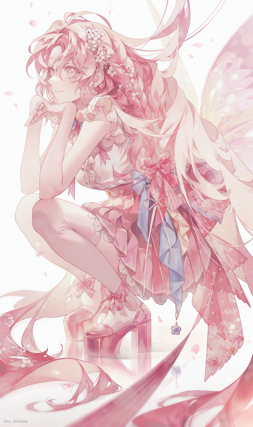 1girl absurdres artist_name back_bow bare_arms blue_flower blue_ribbon bow braid breasts butterfly_wings closed_mouth cross cross_earrings earrings elbow_rest ena_(enaa97) eyelashes flower flower_braid flower_earrings from_side full_body hair_between_eyes hair_bow hair_flower hair_ornament hands_up head_on_hand head_rest high_heels highres jewelry lace-trimmed_skirt lace_trim long_hair looking_afar miniskirt neck_ribbon original own_hands_together petals pink_bow pink_eyes pink_flower pink_hair pink_ribbon pink_skirt pink_theme pink_wings platform_footwear pleated_skirt reflective_floor ribbon shirt short_sleeves side_braid simple_background single_braid skirt smile solo squatting symbol-only_commentary thighhighs very_long_hair white_background white_flower white_legwear white_shirt wings