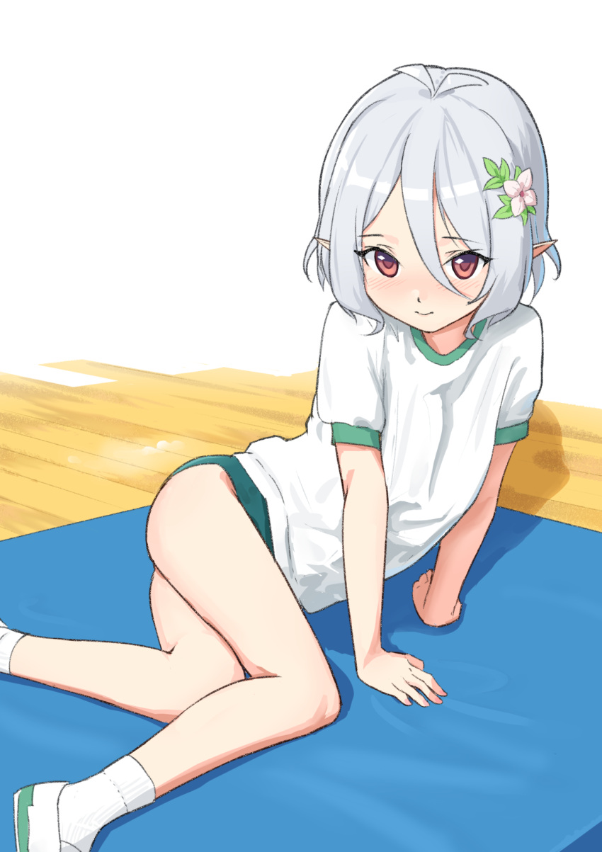 1girl ahoge arm_support ass buruma elf flower green_buruma gym_uniform hair_flower hair_ornament highres kokkoro_(princess_connect!) legs lying mat on_side pointy_ears princess_connect! red_eyes shin_(shincrz) shirt shoes short_hair short_sleeves silver_hair smile socks solo thighs white_footwear white_shirt