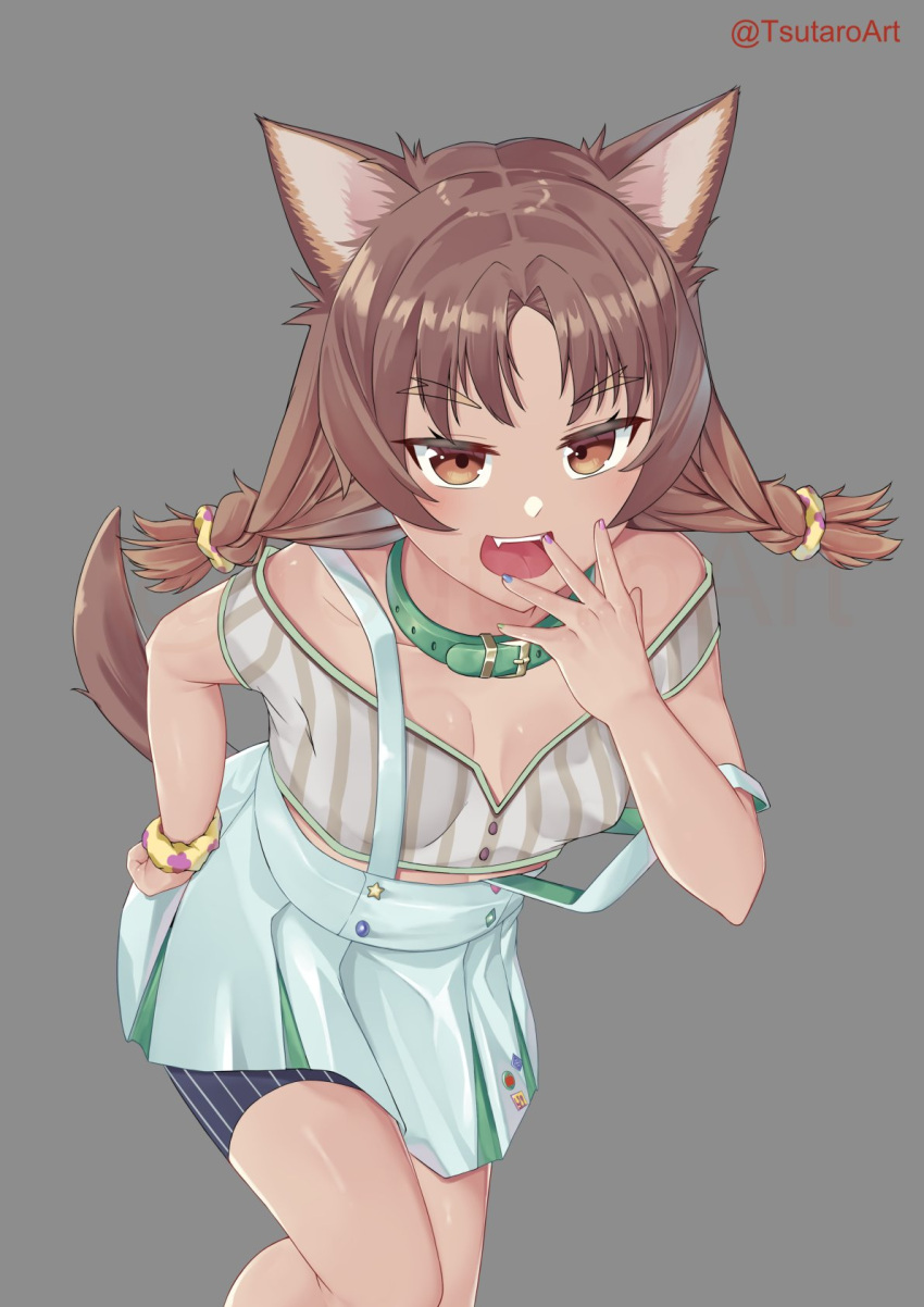 animal_humanoid azuki_(sayori) breasts brown_body brown_fur brown_hair cat_humanoid cleavage clothed clothing covering covering_mouth digital_media_(artwork) felid felid_humanoid feline feline_humanoid female fur hair hi_res humanoid looking_at_viewer mammal mammal_humanoid nekopara open_mouth overalls small_breasts smug solo tsutaroart video_games