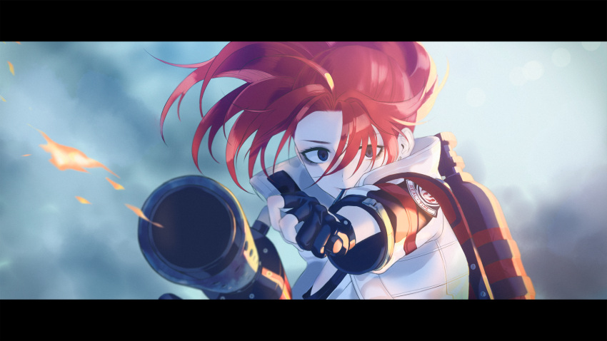 1girl 3shine_02 absurdres adriana_rivera black_gloves black_survival blue_eyes empty_eyes eternal_return:_black_survival fingerless_gloves fire flamethrower gas_tank gloves highres jacket official_alternate_costume pipe pipe_in_mouth red_hair solo tagme upper_body weapon white_jacket widescreen