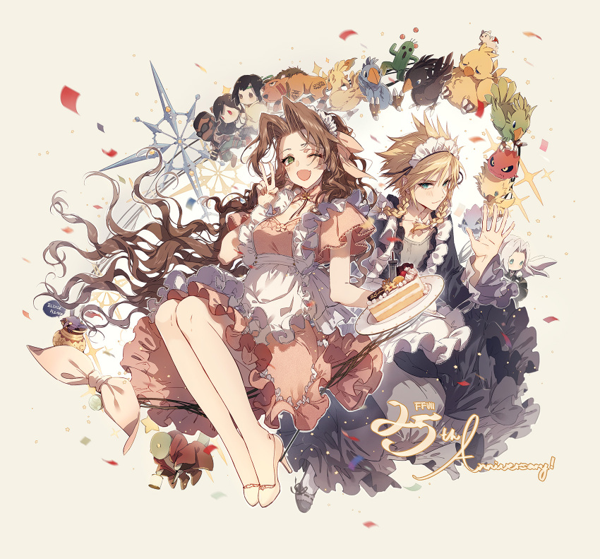 1boy 1girl aerith_gainsborough apron bangs barret_wallace blonde_hair blue_eyes blush bomb_(final_fantasy) bow braid breasts brown_hair buster_sword cake chibi chocobo cloud_strife confetti crossdressing dress fang fat_chocobo final_fantasy final_fantasy_vii final_fantasy_vii_remake flower food full_body green_eyes grey_dress hair_between_eyes hair_bow hair_ribbon high_heels highres holding holding_plate kieta long_hair maid maid_apron maid_headdress materia medium_breasts medium_dress medium_hair meringue moogle one_eye_closed open_mouth outstretched_hand parted_bangs pink_dress plate red_xiii ribbon sabotender sephiroth sidelocks sitting smile sparkle speech_bubble spiked_hair stuffed_toy tifa_lockhart tonberry twin_braids v wavy_hair yellow_flower yuffie_kisaragi