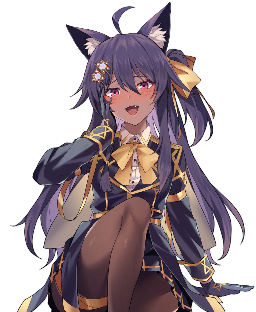 1girl absurdres ahoge animal_ear_fluff animal_ears arm_support bangs blush bow bowtie brown_kemomimi-chan_(krr) collared_shirt commission dungeon_and_fighter fang gloves hair_between_eyes hair_bow hair_flaps hair_ornament hair_ribbon hairclip hairstyle_request hand_on_own_cheek hand_on_own_face highres jacket jingo lapel long_hair long_sleeves looking_at_viewer open_mouth original pantyhose pleated_skirt purple_gloves purple_jacket ribbon shirt sidelocks simple_background sitting skirt smile solo white_background white_shirt yellow_bow yellow_bowtie yellow_ribbon