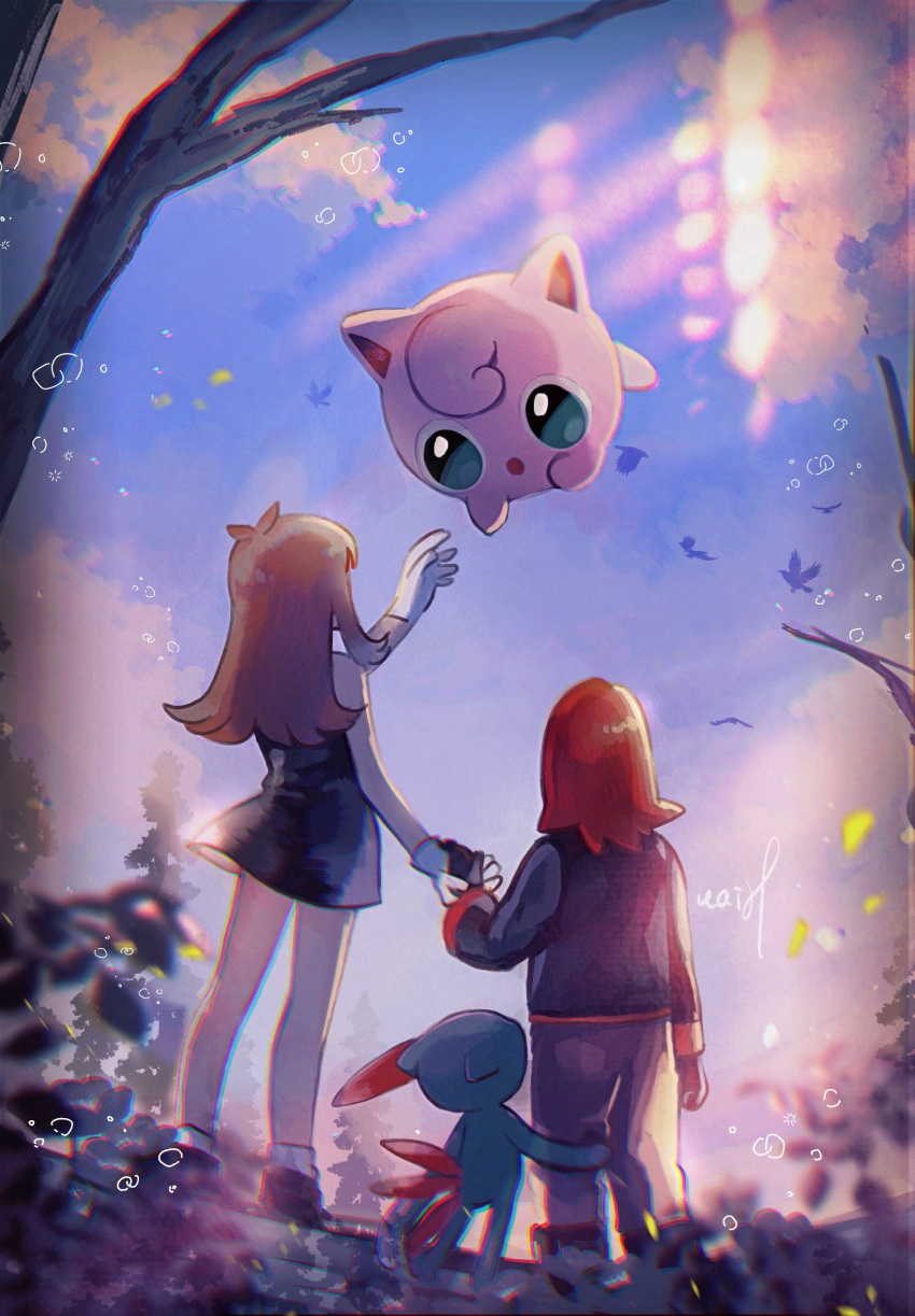 1boy 1girl bare_tree bird black_dress black_footwear blurry boots cloud day dress gloves green_(pokemon) hanenbo highres holding_hands jacket jigglypuff long_hair outdoors pants pokemon pokemon_(creature) pokemon_adventures red_hair shoes short_dress silver_(pokemon) sky sneasel socks tree white_gloves white_legwear