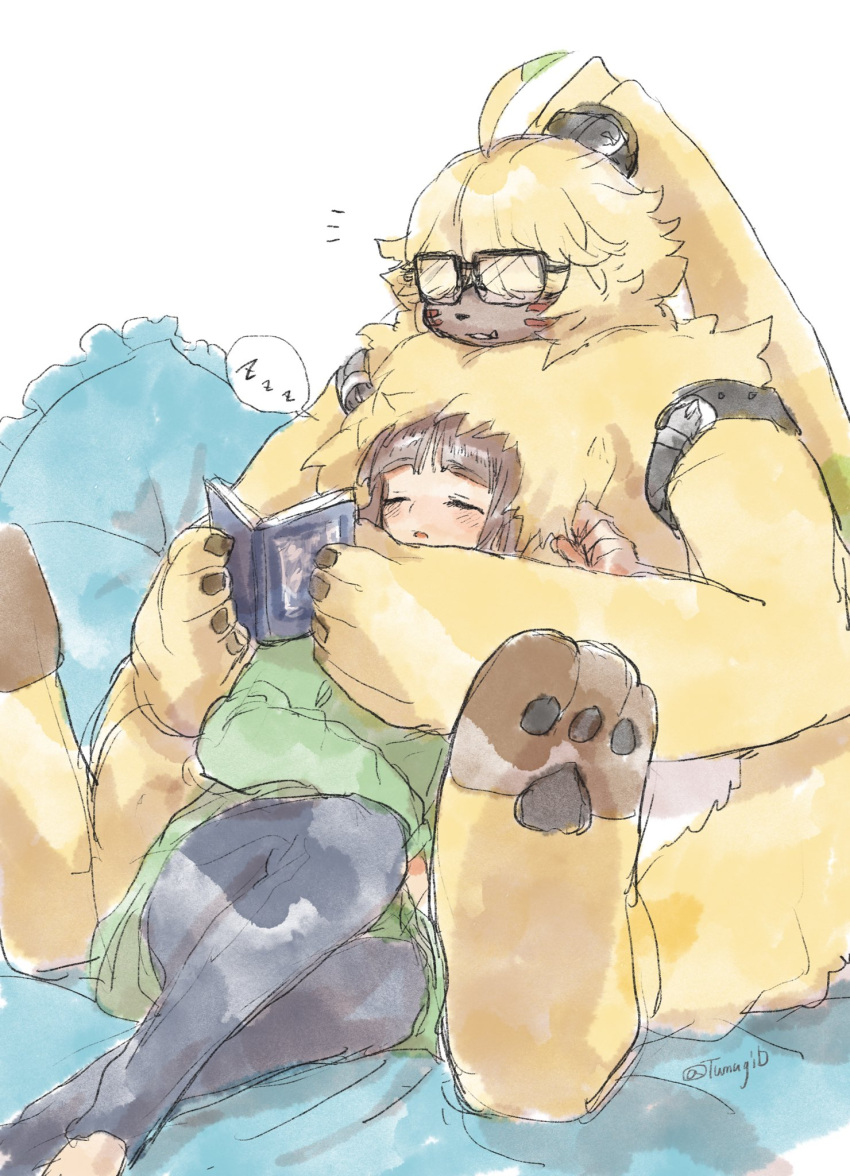 angoramon anthro bandai_namco book digimon digimon_(species) digimon_ghost_game duo eyewear female fur glasses hair hair_over_eyes hi_res human lagomorph leporid long_ears male mammal pawpads rabbit reading ruri_tsukiyono sleeping tumugiv yellow_body yellow_fur