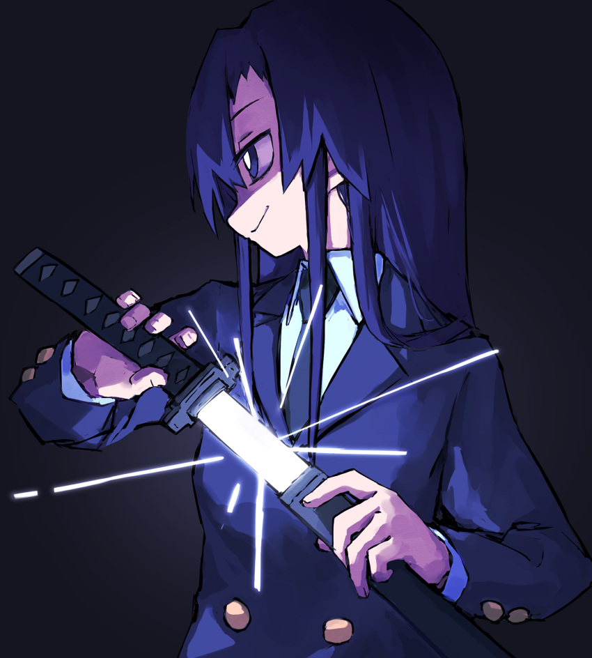 1girl black_background blazer buttons drawing_sword goshiki_agiri highres holding holding_sword holding_weapon jacket katana kill_me_baby long_hair necktie purple_eyes school_uniform shiny solo sword weapon yachima_tana