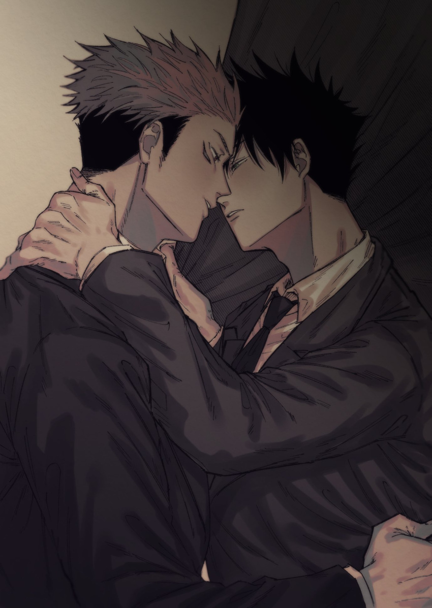 2boys black_hair black_jacket black_necktie blush collared_shirt commentary_request eye_contact facial_mark formal fushiguro_megumi fushirun_rung green_eyes hand_on_another's_hip hands_on_another's_neck highres imminent_kiss jacket jujutsu_kaisen long_sleeves looking_at_another male_focus multiple_boys necktie parted_lips pink_hair red_eyes ryoumen_sukuna_(jujutsu_kaisen) shirt short_hair spiked_hair undercut white_shirt yaoi