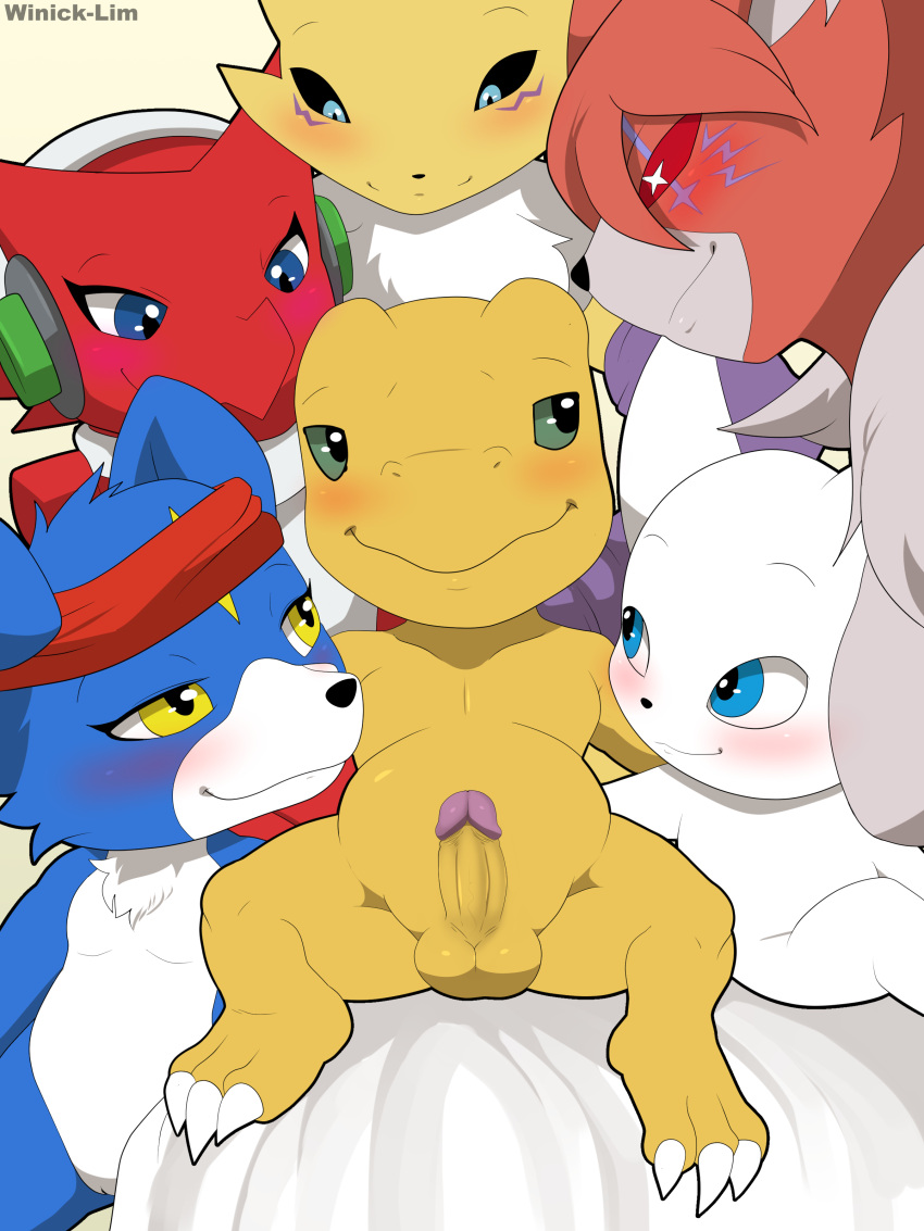 absurd_res accessory agumon anthro armwear balls bandai_namco bedroom_eyes big_breasts big_ears blue_eyes blush breasts bridal_gauntlets canid chest_tuft clothing digimon digimon_(species) erection featureless_breasts felid feline female floppy_ears gaomon gatomon genitals green_eyes group harem headband headphones hi_res imminent_sex lop_ears male male/female mammal meicrackmon narrowed_eyes nude penis pussy red_eyes renamon scalie seductive shoutmon slightly_chubby small_breasts spread_legs spreading tuft winick-lim x_pupils yellow_eyes