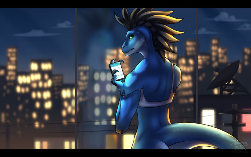 anthro blue_body blue_scales bottomless bra butt cellphone city clothed clothing dinosaur dromaeosaurid female green_eyes iris_(ben300) lumyowl phone rear_view reflection reptile scales scalie skyline skyscraper smartphone solo theropod underwear were weredinosaur werereptile werescalie window