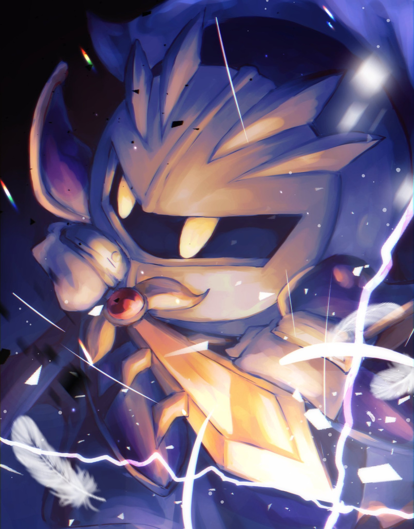 1boy armor blue_cape cape commentary feathers helmet highres holding holding_sword holding_weapon kirby_(series) light_particles male_focus meta_knight rainbow_gradient shadow solo sparkle sword vul3hl0smteyk1z weapon yellow_eyes