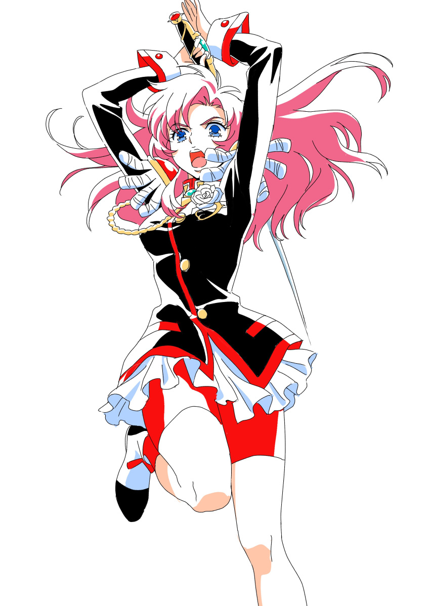 1girl absurdres arms_up blue_eyes foot_out_of_frame highres izumi_seguchi long_hair long_sleeves open_mouth pink_hair red_legwear red_shorts shoes shorts shoujo_kakumei_utena simple_background socks solo tenjou_utena white_background