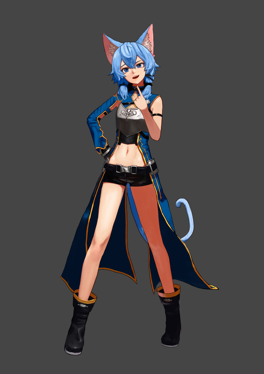 1girl absurdres animal_ears armor belt blue_eyes blue_hair boots breastplate cat_ears cat_tail hair_between_eyes hand_on_hip highres navel pointing pointing_at_self short_hair short_shorts shorts sinon smile solo starcell sword_art_online tail