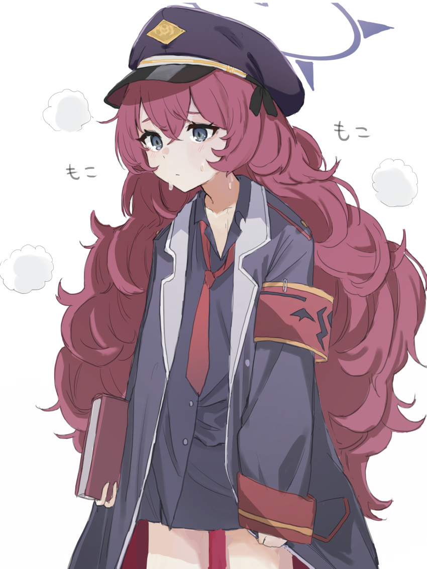 1girl absurdres armband bangs black_shirt blue_archive book breasts coat collared_shirt commentary cowboy_shot grey_eyes hair_between_eyes hair_ribbon halo haruharu_sensei hat highres holding holding_book iroha_(blue_archive) long_hair long_sleeves military military_hat military_uniform necktie open_clothes open_coat peaked_cap pencil_skirt red_eyes red_hair red_necktie ribbon safety_pin shirt simple_background skirt sleeves_past_wrists small_breasts solo sweat uniform very_long_hair wavy_hair white_background