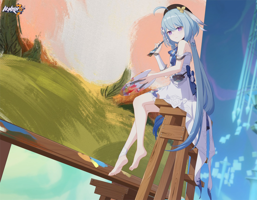 1girl bangs bare_shoulders barefoot beret black_headwear blue_hair chair closed_mouth dress full_body griseo hat highres holding holding_brush holding_palette honkai_(series) honkai_impact_3rd long_hair looking_at_viewer looking_back off_shoulder_dress official_art painting_(object) palette_(object) purple_eyes sitting soles solo twintails white_dress