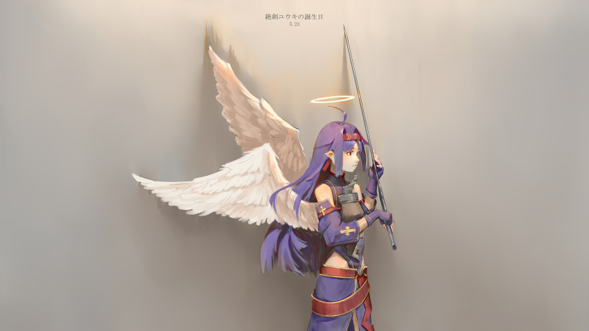 1girl absurdres ahoge black_gloves dated detached_sleeves feathers from_side gloves hair_intakes halo headband highres hip_vent long_hair pointy_ears purple_hair red_eyes red_headband ronnie_choy sidelocks solo sword sword_art_online weapon white_feathers white_wings wings yuuki_(sao)