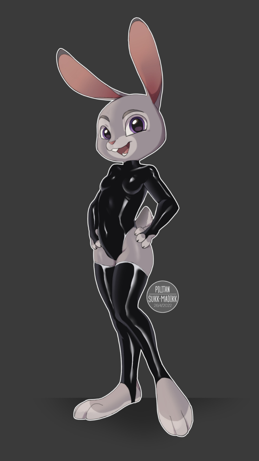 2022 3_fingers 3_toes anthro biped breasts claws clothed clothing dated digital_media_(artwork) disney feet female fingers fur grey_background grey_body grey_fur hand_on_hip hi_res judy_hopps lagomorph legwear leporid looking_at_viewer mammal navel open_mouth open_toe_footwear pilitan pose purple_eyes rabbit rubber rubber_clothing rubber_legwear rubber_suit simple_background small_breasts smile solo standing stockings sukk-madikk teeth tight_clothing toes tongue topwear zootopia