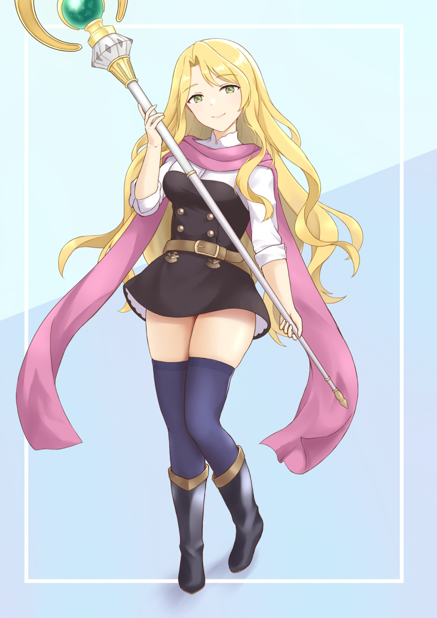 1girl black_footwear blonde_hair blue_legwear boots border dress eyebrows_visible_through_hair fire_emblem fire_emblem:_the_binding_blade fire_emblem:_three_houses garreg_mach_monastery_uniform green_eyes highres holding holding_staff long_hair long_sleeves looking_at_viewer pink_scarf saint_elimine_(fire_emblem) scarf short_dress simple_background smile solo staff takaneko thighhighs very_long_hair white_border zettai_ryouiki