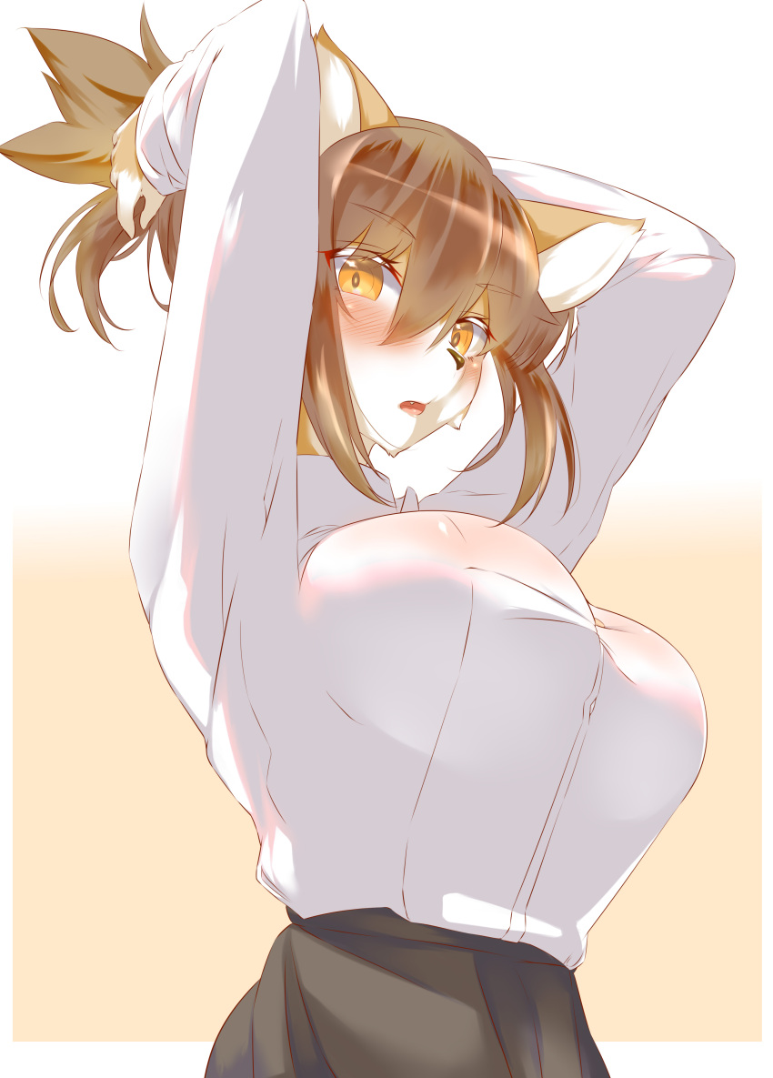 2022 absurd_res anthro big_breasts blush breasts brown_hair canid canine canis clothed clothing cute_fangs domestic_dog embarrassed female fur ginko0101 hair hi_res huge_breasts kemono mammal multicolored_body open_mouth orange_eyes ponytail solo tan_body tan_fur tight_clothing tongue two_tone_body white_body white_fur