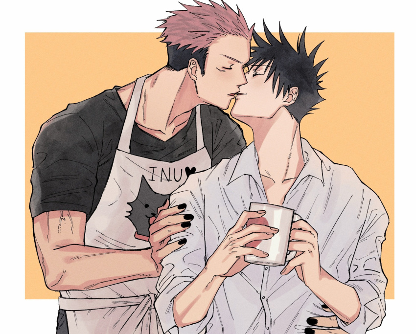 2boys apron black_hair black_nails black_shirt border closed_eyes commentary_request couple cup facial_mark fushiguro_megumi fushirun_rung hand_on_another's_arm hand_on_another's_hip height_difference highres holding holding_cup jujutsu_kaisen kiss male_focus mug multiple_boys pants pink_hair ryoumen_sukuna_(jujutsu_kaisen) shirt short_hair short_sleeves size_difference spiked_hair veins white_border white_shirt yaoi