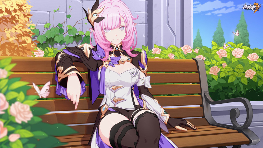 1girl bangs bench black_footwear black_gloves black_jacket blue_eyes boots bug butterfly closed_mouth elf elysia_(honkai_impact) flower gloves hair_ornament highres honkai_(series) honkai_impact_3rd jacket long_hair long_sleeves looking_at_viewer official_art outdoors pink_butterfly pink_flower pink_hair pink_rose pointy_ears rose shirt single_glove sitting smile thigh_boots thighhighs white_shirt