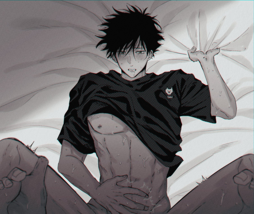 2boys abs anal bed_sheet black_hair blush clothes_lift commentary_request drooling fushiguro_megumi fushirun_rung green_eyes hand_on_own_stomach highres jujutsu_kaisen leg_grab lying m_legs male_focus missionary multiple_boys navel nipple_piercing on_back pectorals piercing pov sex sheet_grab shirt shirt_lift short_hair spiked_hair spread_legs sweat tears toned toned_male trembling yaoi