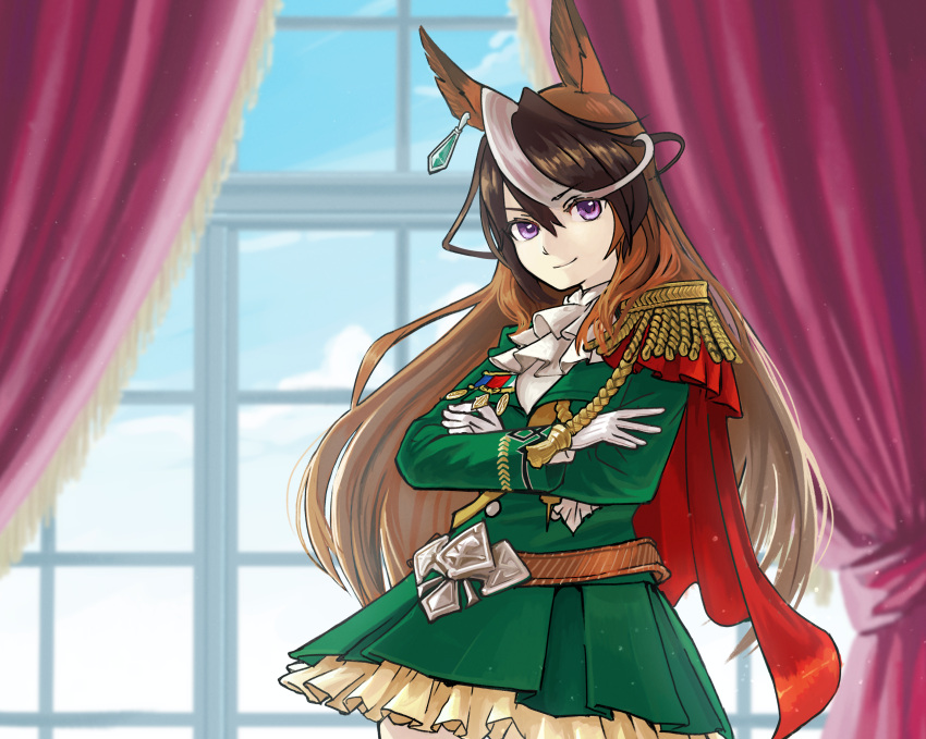 1girl absurdres animal_ears bangs belt blurry blurry_background brown_hair buttons cape closed_mouth coat cowboy_shot crossed_arms curtains double-breasted earrings epaulettes gloves green_coat highres horse_ears indoors jabot jewelry long_hair long_sleeves looking_at_viewer multicolored_hair purple_eyes single_earring single_epaulette smile solo symboli_rudolf_(umamusume) tokiwa_png umamusume v-shaped_eyebrows white_gloves window