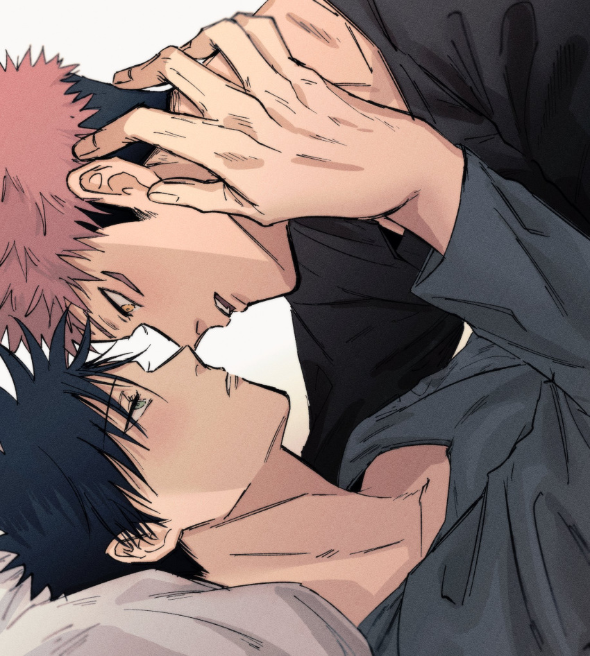 2boys black_hair black_shirt blush boy_on_top brown_eyes commentary_request eye_contact face-to-face facial_mark fushiguro_megumi fushirun_rung green_eyes hand_on_another's_neck highres itadori_yuuji jujutsu_kaisen long_sleeves looking_at_another male_focus multicolored_hair multiple_boys parted_lips pillow shirt short_hair simple_background spiked_hair two-tone_hair white_background yaoi