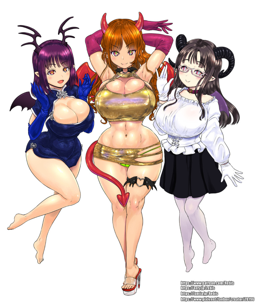 asian_clothing big_breasts breasts camel_toe chinese_clothing chinese_dress clothing crop_top demon dress east_asian_clothing eyewear female female/female glasses gloves group handwear hi_res horn huge_breasts humanoid rebis shirt succubus topwear trio