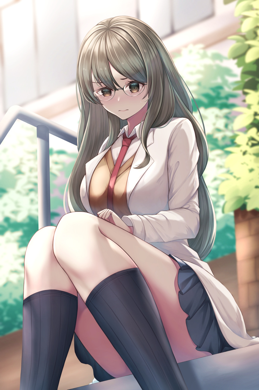 1girl absurdres black_skirt blush breasts brown_eyes brown_hair brown_vest bush futaba_rio glasses highres kazama_ran kneehighs labcoat large_breasts necktie outside_border plant railing red_necktie school_uniform seishun_buta_yarou shirt sitting sitting_on_stairs skirt solo stairs sweater_vest thighs uniform vest white_shirt