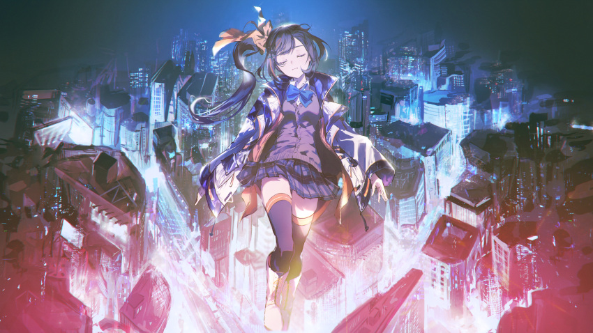 1girl absurdres arms_at_sides bangs black_cardigan black_hair black_legwear blue_bow blue_bowtie blue_skirt boots bow bowtie building cardigan cityscape closed_eyes coat commentary_request foot_out_of_frame hair_bow highres karanagare_4 long_hair nagase_yuka open_clothes open_coat outdoors plaid plaid_skirt ponytail riot_music side_ponytail sidelocks skirt skyscraper solo thighhighs virtual_youtuber white_coat white_footwear yellow_bow