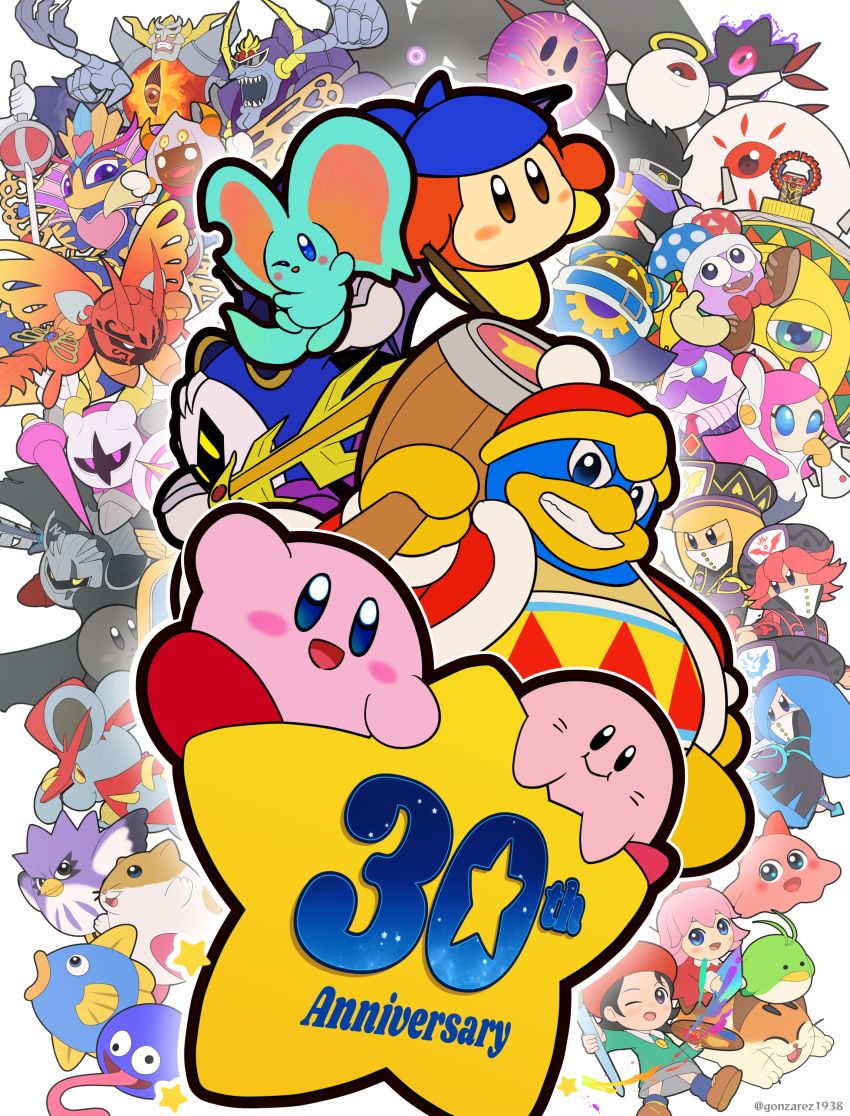 :&gt; ;d absurdres adeleine anniversary bandana_waddle_dee chuchu_(kirby) coo_(kirby) dark_meta_knight dark_mind dark_nebula daroach elfilin everyone facial_mark flamberge_(kirby) francisca_(kirby) galacta_knight galactic_nova gonzarez gooey_(kirby) grin hammer highres kine_(kirby) king_dedede kirby kirby's_adventure kirby's_dream_land_2 kirby's_dream_land_3 kirby's_return_to_dream_land kirby:_planet_robobot kirby:_star_allies kirby:_triple_deluxe kirby_(series) kirby_64 kirby_and_the_amazing_mirror kirby_and_the_forgotten_land kirby_squeak_squad kirby_super_star lance long_tongue looking_at_viewer magolor marx_(kirby) max_profitt_haltmann meta_knight morpho_knight nago_(kirby) nightmare_(kirby) one_eye_closed pitch_(kirby) pointing polearm queen_sectonia ribbon_(kirby) rick_(kirby) shadow_kirby simple_background smile star_(symbol) star_dream susie_(kirby) sword taranza tongue twitter_username warp_star weapon whisker_markings white_background zan_partizanne zero_(kirby) zero_two_(kirby)