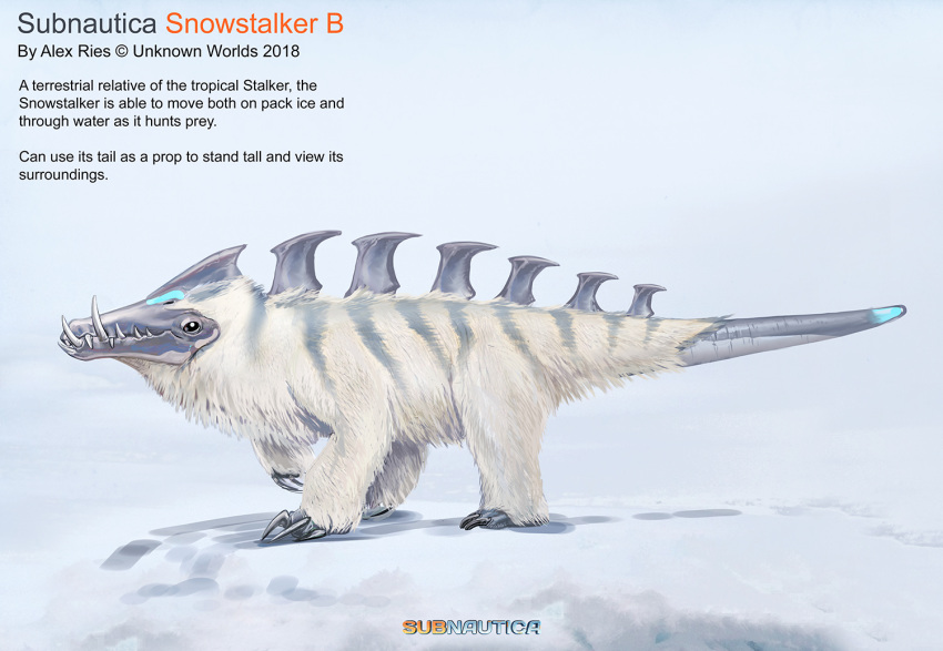 alex_ries alien ambiguous_gender claws concept_art fangs feral fur glowing glowing_tail official_art quadruped snow_stalker_(subnautica) solo spikes striped_body striped_fur stripes subnautica_below_zero teeth white_body white_fur
