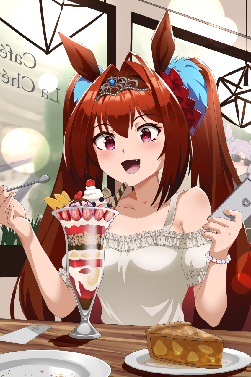 2girls :d animal_ears apple_pie bead_bracelet beads bracelet brown_hair cherry commentary_request daiwa_scarlet_(umamusume) fang food fruit hair_intakes hair_ornament highres holding holding_phone holding_spoon horse_ears horse_girl horseshoe_print indoors jewelry kazumasa_ken long_hair mejiro_mcqueen_(umamusume) multiple_girls parfait phone purple_hair red_eyes smile spoon strawberry sunglasses tiara twintails umamusume window