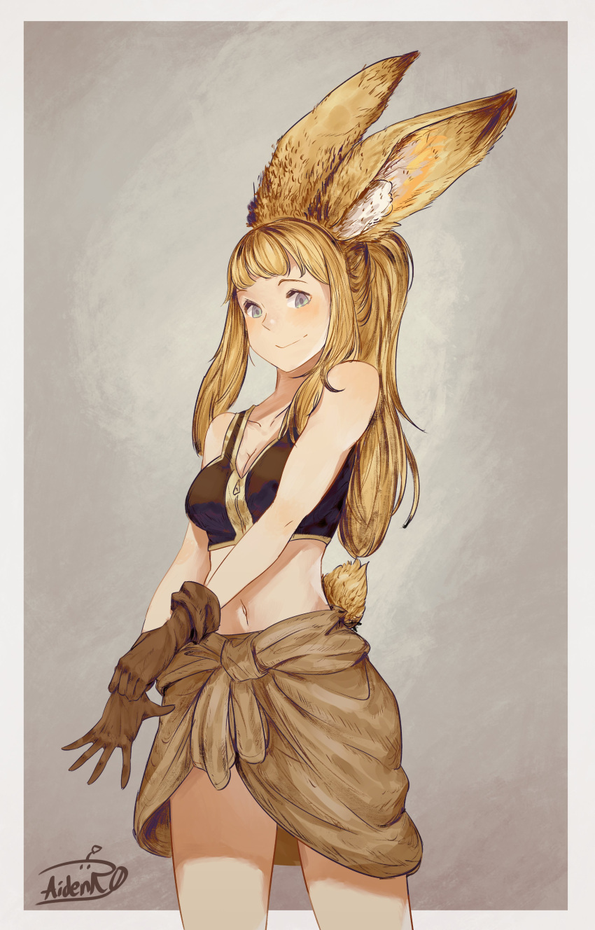 1girl absurdres aidenr0 animal_ear_fluff animal_ears bangs bare_shoulders blonde_hair blue_eyes border breasts cleavage clothes_around_waist collarbone cowboy_shot crop_top english_commentary fullmetal_alchemist gloves highres light_blush long_hair looking_at_viewer medium_breasts midriff navel ponytail rabbit_ears rabbit_tail shirt shirt_around_waist sidelocks signature smile solo standing tail tank_top thighs v_arms white_border winry_rockbell
