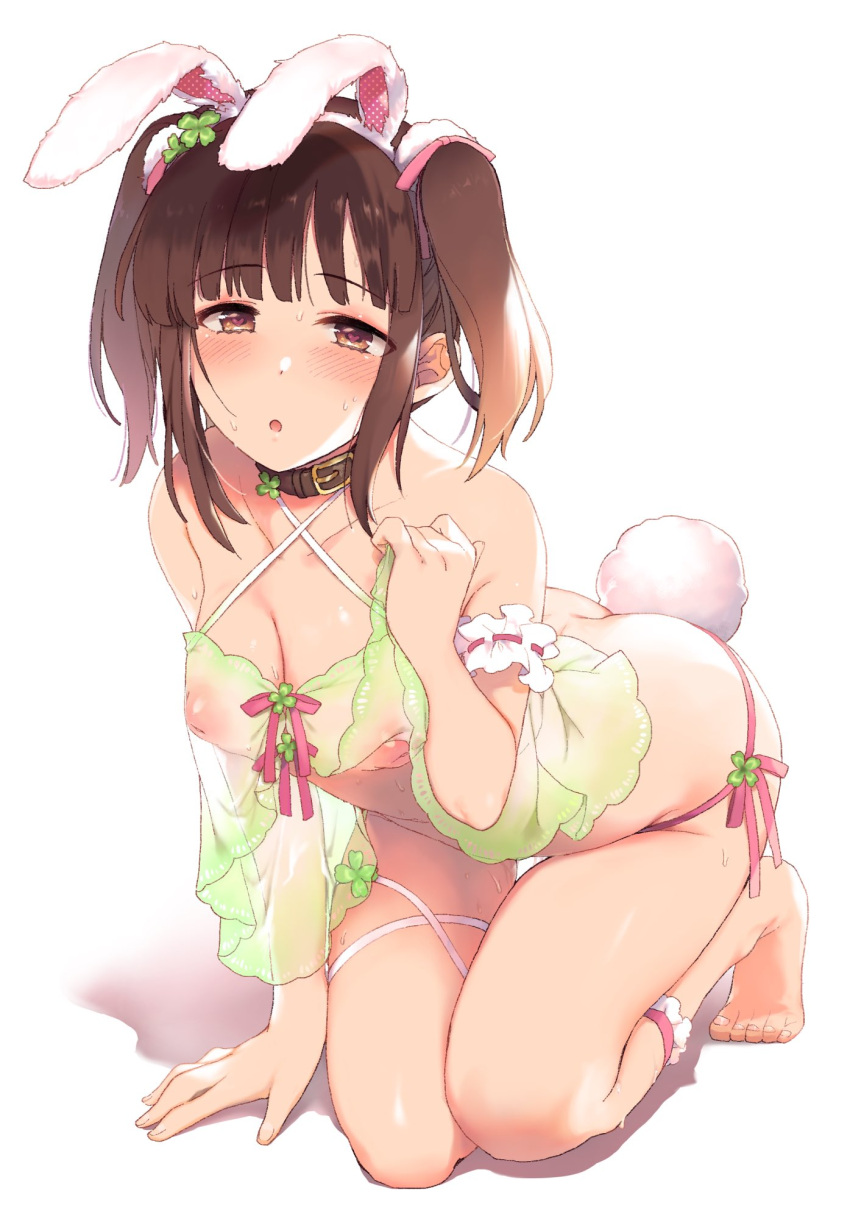 1girl :o animal_ears arm_support babydoll babydoll_lift barefoot blush bottomless breasts brown_collar brown_eyes brown_hair cleavage clover collar commentary_request eyebrows_visible_through_hair fake_animal_ears four-leaf_clover green_babydoll hair_ornament halterneck hazuki_(nature.) heart heart-shaped_pupils highres idolmaster idolmaster_cinderella_girls inverted_nipples kneeling leg_garter leg_ribbon lifted_by_self looking_at_viewer medium_breasts ogata_chieri pink_ribbon pussy_juice rabbit_ears rabbit_tail ribbon see-through short_hair sidelocks solo sweat symbol-shaped_pupils tail thigh_ribbon twintails white_ribbon