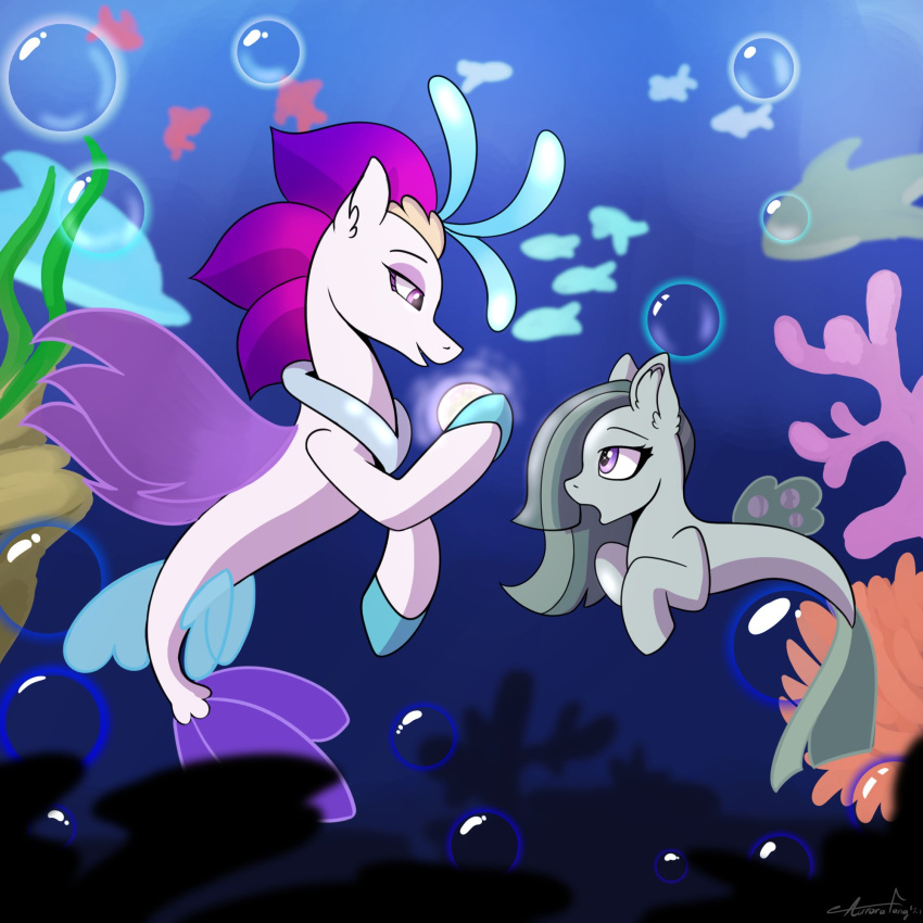 aurorafang bubble duo female feral fin fish friendship_is_magic gem green_body half-closed_eyes hasbro hi_res marble_pie_(mlp) marine my_little_pony my_little_pony:_the_movie_(2017) narrowed_eyes orb pearl_(gem) purple_eyes queen_novo_(mlp) seahorse seaweed syngnathid syngnathiform underwater water white_body wings