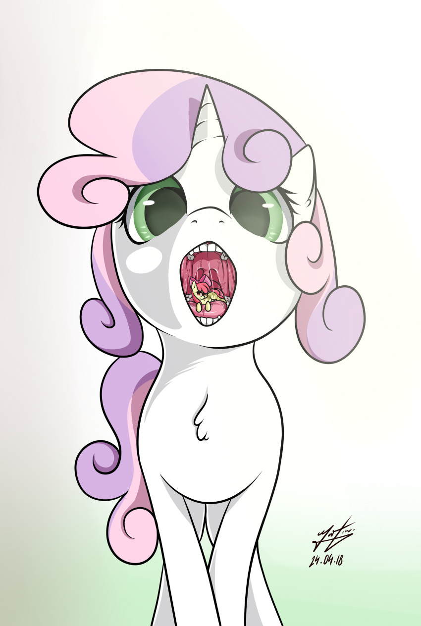 2018 absurd_res apple_bloom_(mlp) azerta56 bodily_fluids digital_media_(artwork) earth_pony equid equine eyelashes female feral friendship_is_magic fur green_eyes hair hi_res horn horse imminent_vore inner_ear_fluff looking_at_viewer mammal mouth_shot my_little_pony open_mouth pony purple_hair purple_tail red_hair red_tail saliva sweetie_belle_(mlp) teeth tongue tuft unicorn white_body white_fur yellow_body