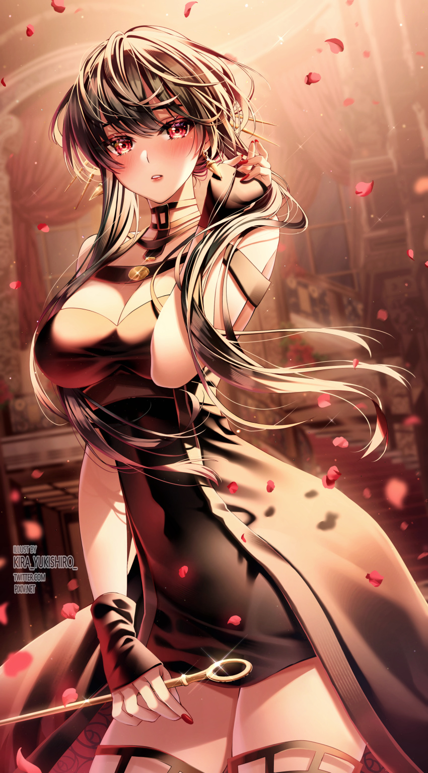 1girl absurdres artist_name backlighting bangs black_dress black_gloves black_hair blush breasts cleavage contrapposto covered_navel cowboy_shot curtains dagger dress falling_petals fingerless_gloves floating_hair floral_print glint gloves hand_in_own_hair highres holding holding_dagger holding_weapon indoors kira_yukishiro knife large_breasts lips long_hair looking_at_viewer parted_lips petals red_eyes red_nails rose_petals rose_print sidelocks solo spy_x_family stairs swept_bangs thighhighs thighs two-sided_dress weapon window yor_briar zettai_ryouiki