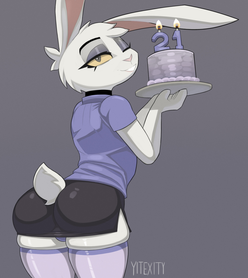 2022 absolute_territory anthro biped birthday_cake bottomwear bulge butt cake candle cheek_tuft choker clothed clothing crossdressing dessert facial_tuft food footwear fur furgonomics girly grey_background grey_eyes head_tuft hi_res holding_object jewelry lagomorph legwear leporid looking_at_viewer looking_back male mammal necklace one_eye_closed pink_nose rabbit rear_view scut_tail shirt short_tail signature simple_background skirt smile socks solo tail_clothing texi_(yitexity) thick_thighs thigh_highs thigh_socks topwear tuft underwear white_body white_fur wink yellow_sclera yitexity