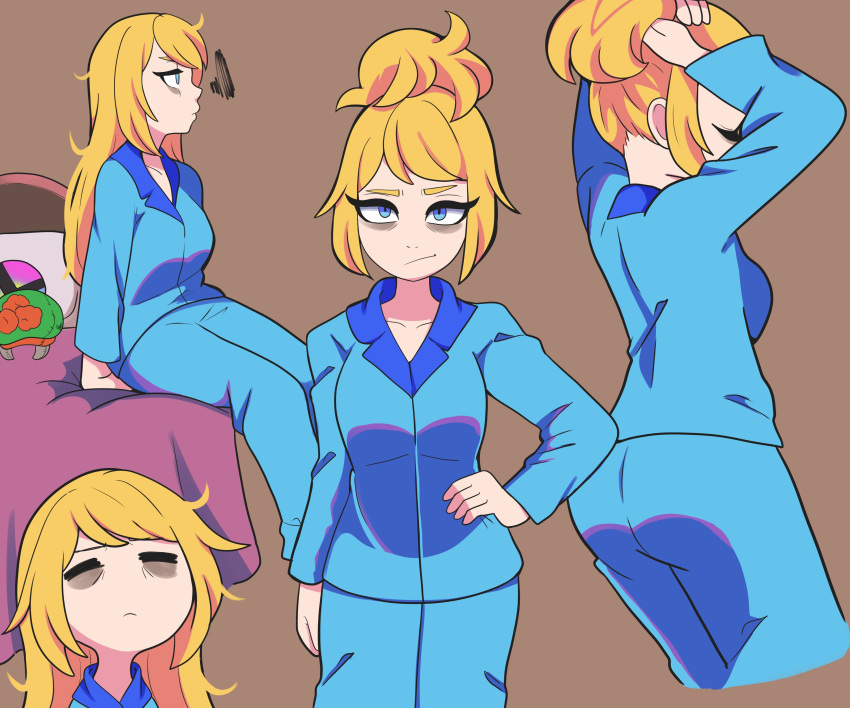 1girl absurdres bags_under_eyes bangs bbycheese blonde_hair blue_eyes blue_pajamas brown_background closed_eyes hand_on_hip highres long_hair long_sleeves looking_at_viewer messy_hair metroid multiple_views no_nose pajamas profile samus_aran simple_background