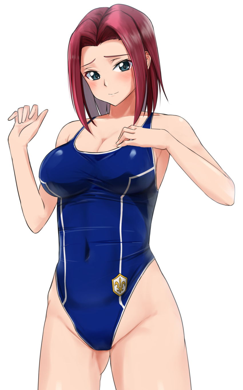 1girl ashford_academy_swimsuit blue_eyes blue_swimsuit breasts cleavage code_geass covered_navel cowboy_shot highleg highleg_swimsuit highres kallen_stadtfeld large_breasts looking_at_viewer multicolored_clothes red_hair revision school_swimsuit short_hair simple_background solo standing super_robot_wars swimsuit white_background ykh1028