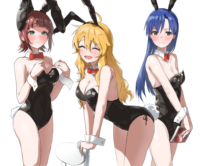 3girls absurdres amami_haruka animal_ears black_hairband black_leotard bow bowtie collage commentary detached_collar hairband highres hoshii_miki idolmaster idolmaster_(classic) idolmaster_million_live! kisaragi_chihaya leotard multiple_girls pdal_(pdalhhh) playboy_bunny rabbit_ears rabbit_tail red_bow red_bowtie simple_background symbol-only_commentary tail white_background wrist_cuffs