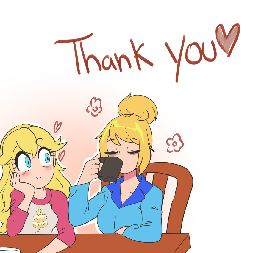 2girls absurdres bbycheese blonde_hair blue_eyes blue_pajamas blush chair cup drinking eyebrows_visible_through_hair flower heart highres long_hair mario_(series) metroid mug multiple_girls no_nose outline pajamas princess_peach print_shirt raglan_sleeves samus_aran shirt thank_you upper_body white_outline