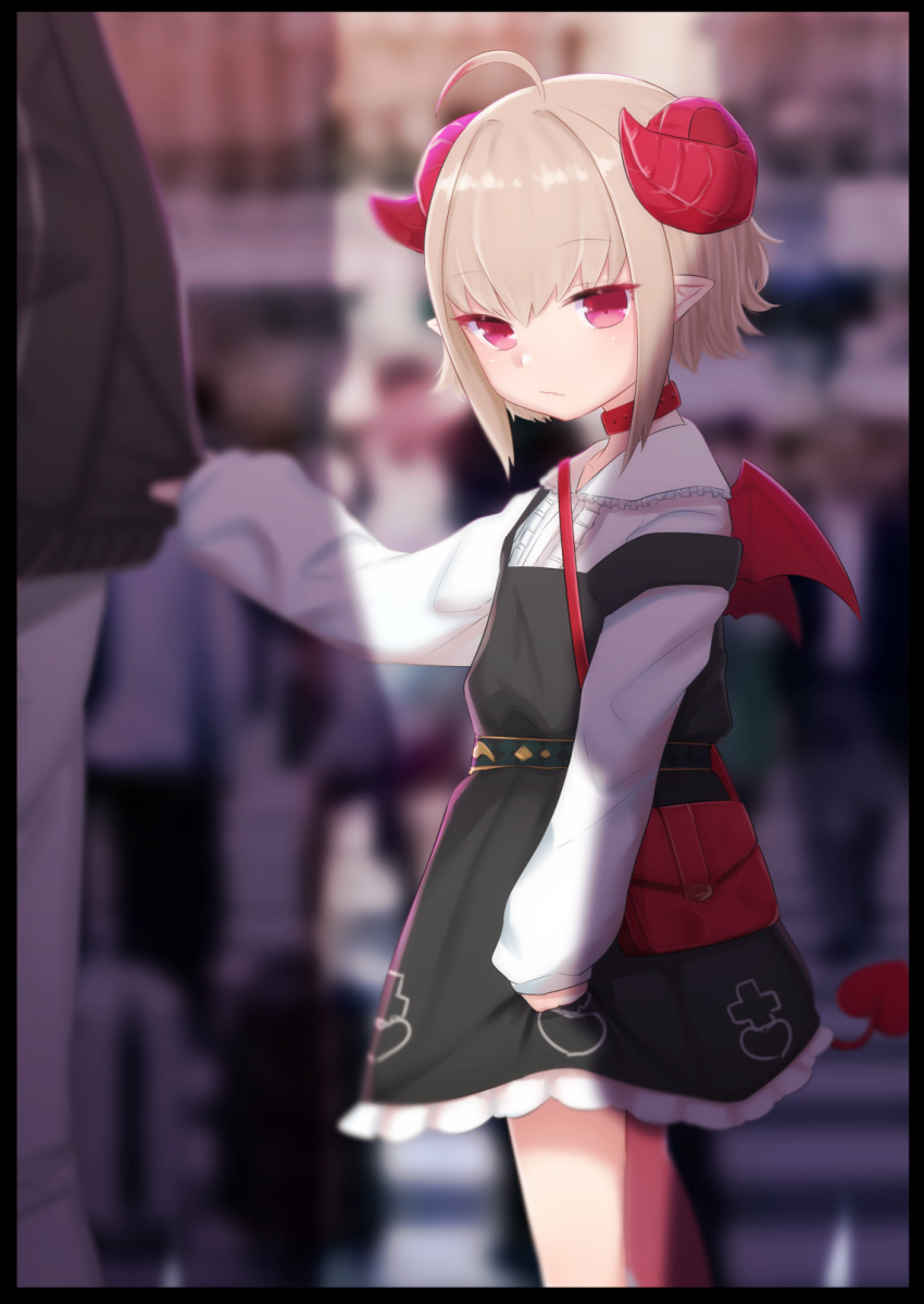 1girl :/ ahoge bag belt_collar black_border black_dress blurry blurry_background border child closed_mouth clothes_tug collar demon_girl depth_of_field dress from_side grey_hair highres horns long_sleeves looking_at_viewer looking_to_the_side makaino_ririmu nijisanji pinafore_dress pointy_ears red_eyes red_horns shirt short_hair shoulder_bag solo_focus standing strap_slip utsusumi_kio white_shirt