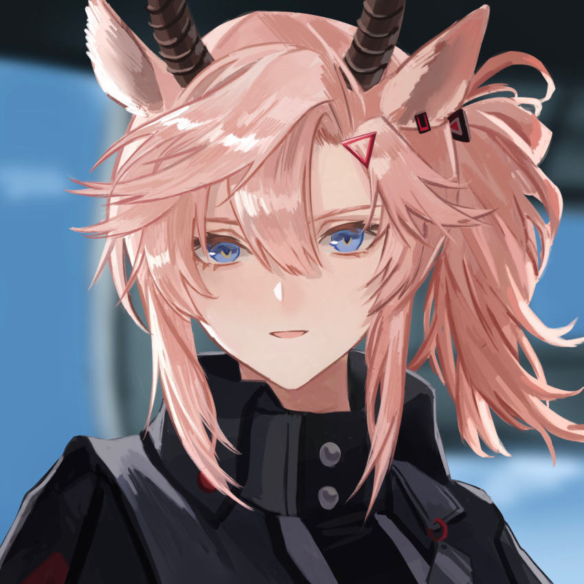 1girl animal_ears arknights bangs black_jacket blonde_hair blue_eyes commentary_request earthspirit_(arknights) goat_ears goat_girl goat_horns hair_between_eyes hasegawamorito high_collar highres horns jacket looking_at_viewer parted_lips solo