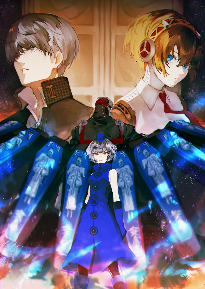 1boy 2girls aegis_(persona) android bare_shoulders blonde_hair blue_fire blue_gloves book boots chain collared_shirt detached_collar door dress elizabeth_(persona) fire flame gloves grey_hair hand_on_own_chest hat headphones highres looking_at_viewer lor_(roasyerizyonirapi) multiple_girls narukami_yuu necktie night night_sky parted_lips persona persona_3 persona_4 red_necktie school_uniform shirt short_hair sky sleeveless smile solo space star_(sky) starry_sky thanatos_(persona) white_hair yasogami_school_uniform yellow_eyes