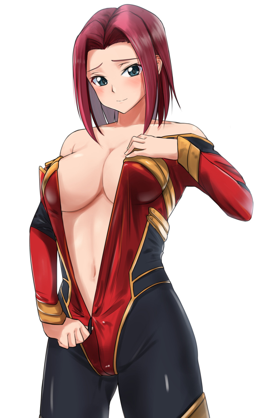 1girl blue_eyes bodysuit breasts cleavage code_geass cowboy_shot highres kallen_stadtfeld large_breasts multicolored_bodysuit multicolored_clothes red_hair revision short_hair simple_background solo standing super_robot_wars unzipping white_background ykh1028