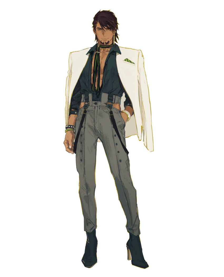 1boy beard bracelet breasts brown_eyes brown_hair cleavage creamyghost dark-skinned_male dark_skin earrings facial_hair full_body high_heels highres jacket jacket_on_shoulders jewelry kaburagi_t._kotetsu male_focus mature_male open_clothes open_shirt pants short_hair simple_background sleeves_rolled_up solo tiger_&amp;_bunny unbuttoned unbuttoned_shirt white_background white_jacket
