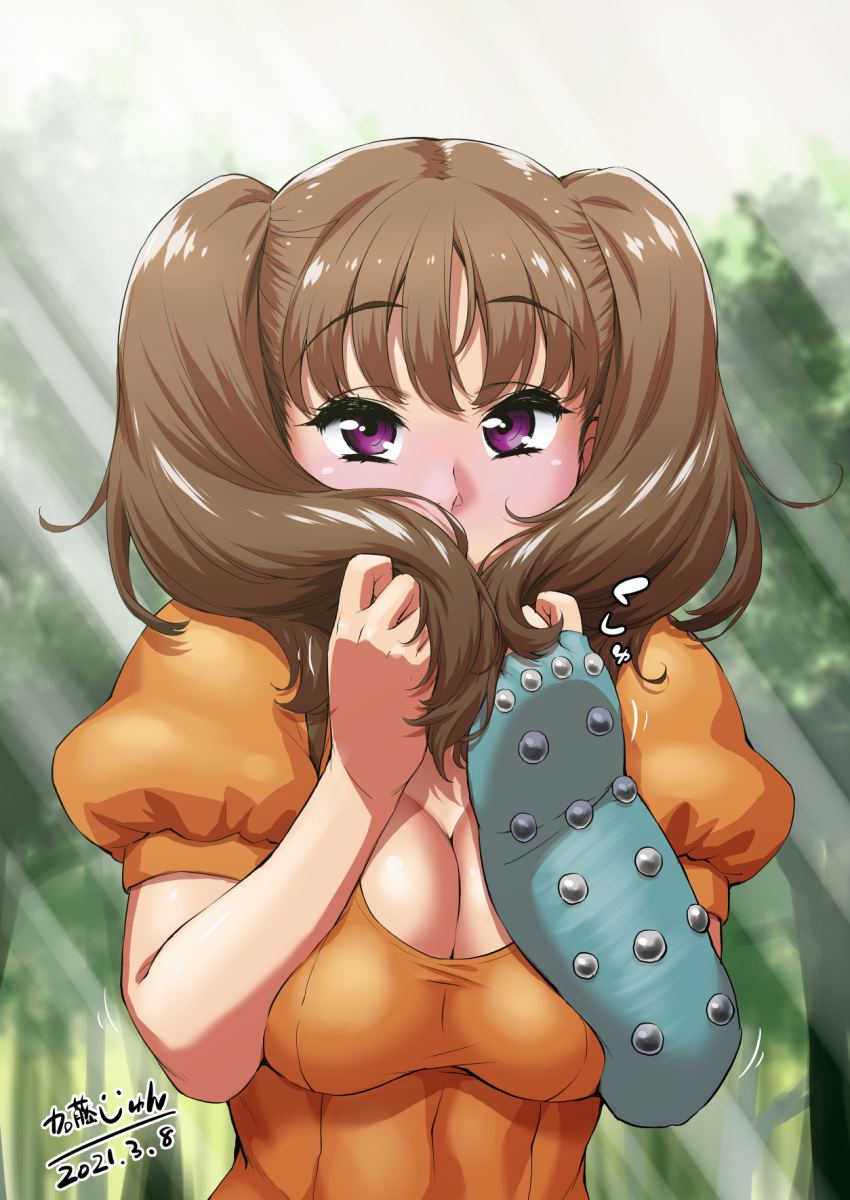 1girl bangs blue_gloves blurry blurry_background breasts brown_hair cleavage commentary_request covering_mouth dated diane_(nanatsu_no_taizai) elbow_gloves eyebrows_visible_through_hair fingerless_gloves gloves highres katou_jun light_rays long_hair looking_at_viewer nanatsu_no_taizai puffy_sleeves purple_eyes short_sleeves single_glove solo studded_gloves sunbeam sunlight translation_request twintails upper_body