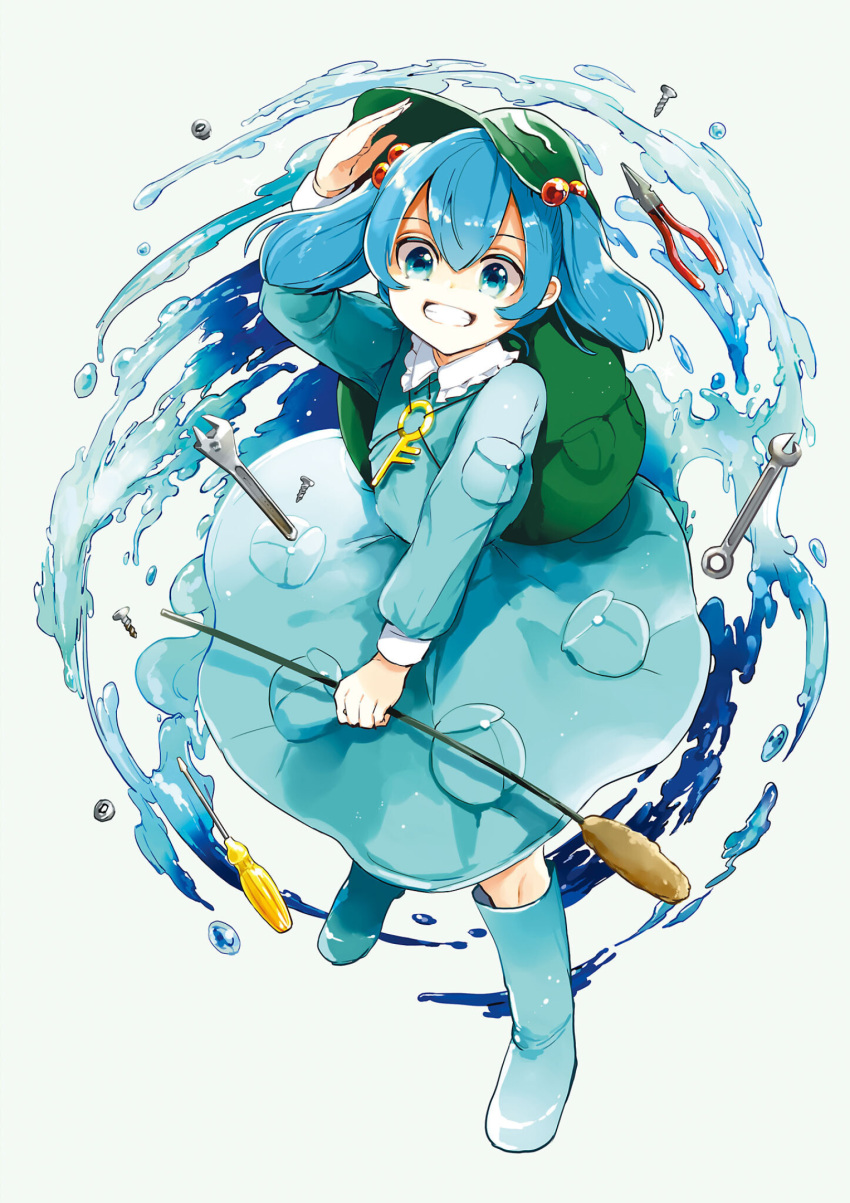 1girl azuma_aya backpack bag bangs blue_eyes blue_footwear blue_hair blue_shirt blue_skirt boots cattail flat_cap green_bag green_headwear hair_bobbles hair_ornament hat highres holding kawashiro_nitori key long_sleeves medium_hair official_art plant pliers ribbon-trimmed_collar ribbon_trim screwdriver shirt skirt skirt_set smile solo strange_creators_of_outer_world third-party_source touhou twintails water wrench