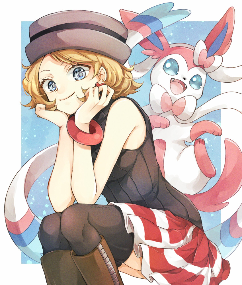 1girl black_vest blonde_hair boots border bracelet brown_footwear closed_mouth commentary_request earrings eyelashes grey_eyes grey_headwear hands_up hat head_rest highres jewelry looking_at_viewer outside_border pokemon pokemon_(anime) pokemon_(creature) pokemon_swsh_(anime) red_skirt serena_(pokemon) short_hair skirt smile sweater_vest sylveon thighhighs twitter_username vest white_border yomogi_(black-elf)